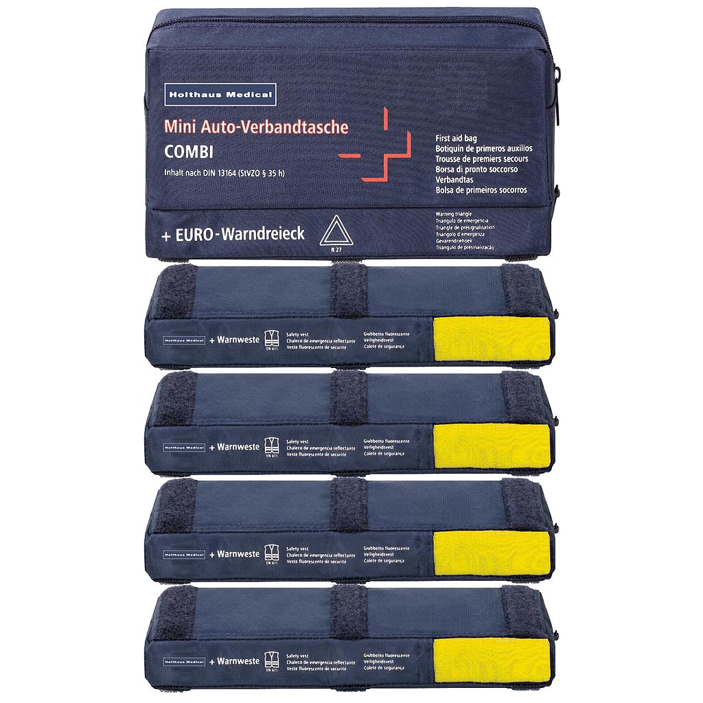 Sacoche combinée -Mini- Contenu : Premiers secours + Triangle de signalisation + 4 gilets de sécurité