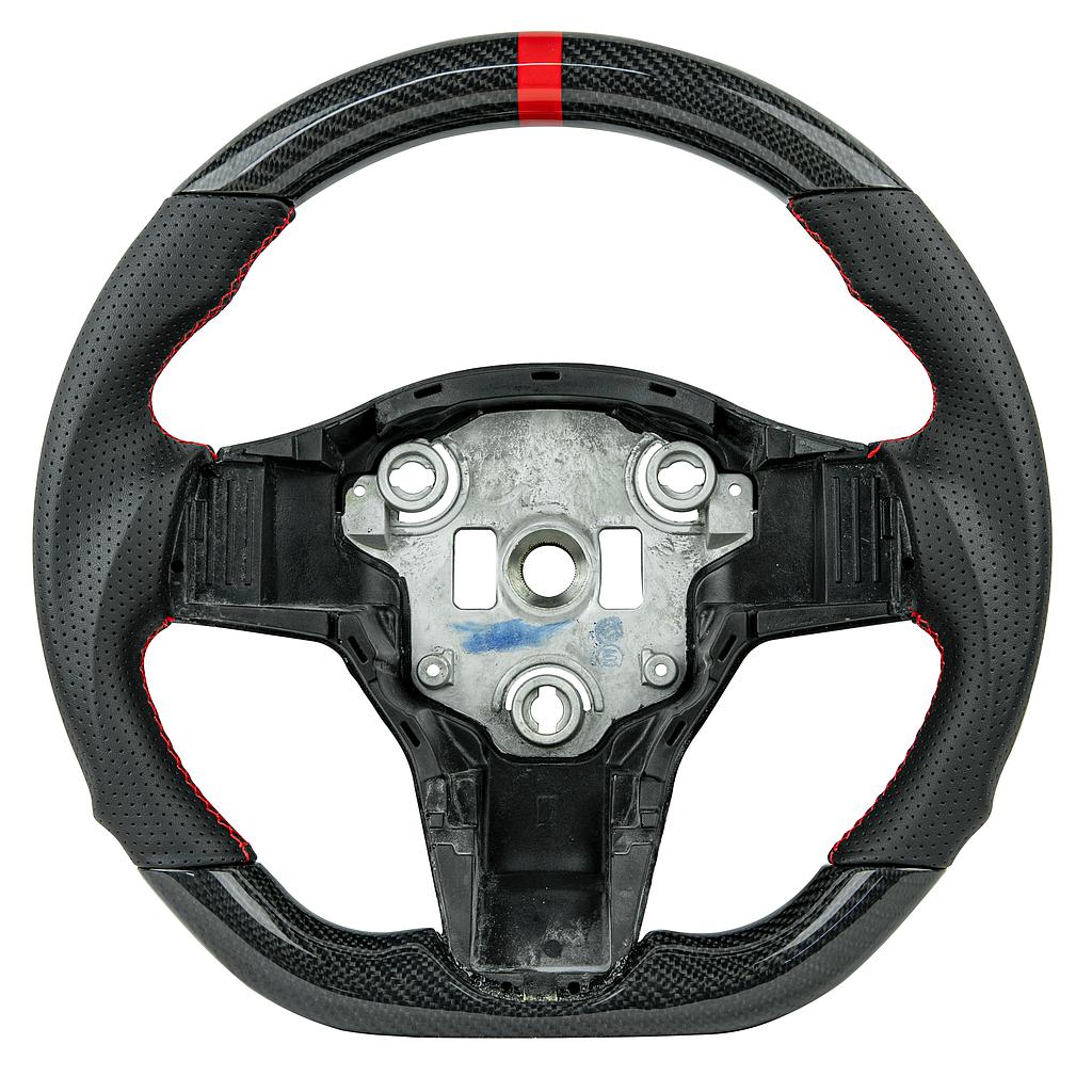 Carbon / leather steering wheel Tesla Model 3, red stitching, red indicator