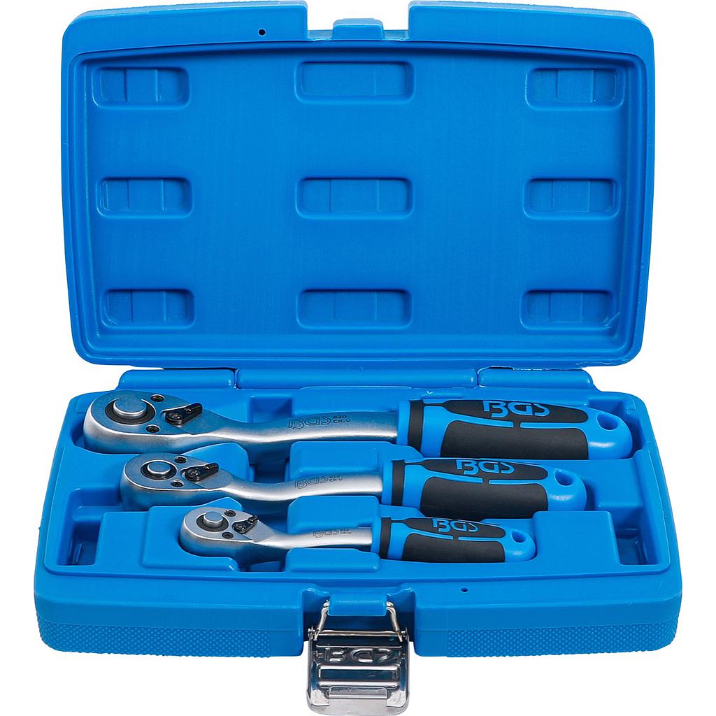 Umschaltknarren-Satz | feinverzahnt | Abtrieb Aussenvierkant 6,3 mm (1/4&quot;) - 10 mm (3/8&quot;) - 12,5 mm (1/2&quot;) | 3-tlg.
